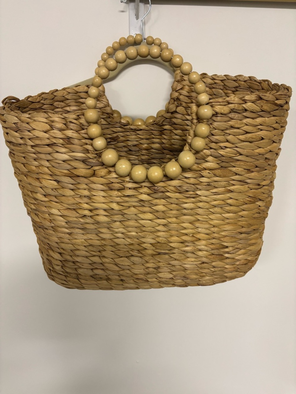Woven Straw Tote with Beaded Handles - Natural